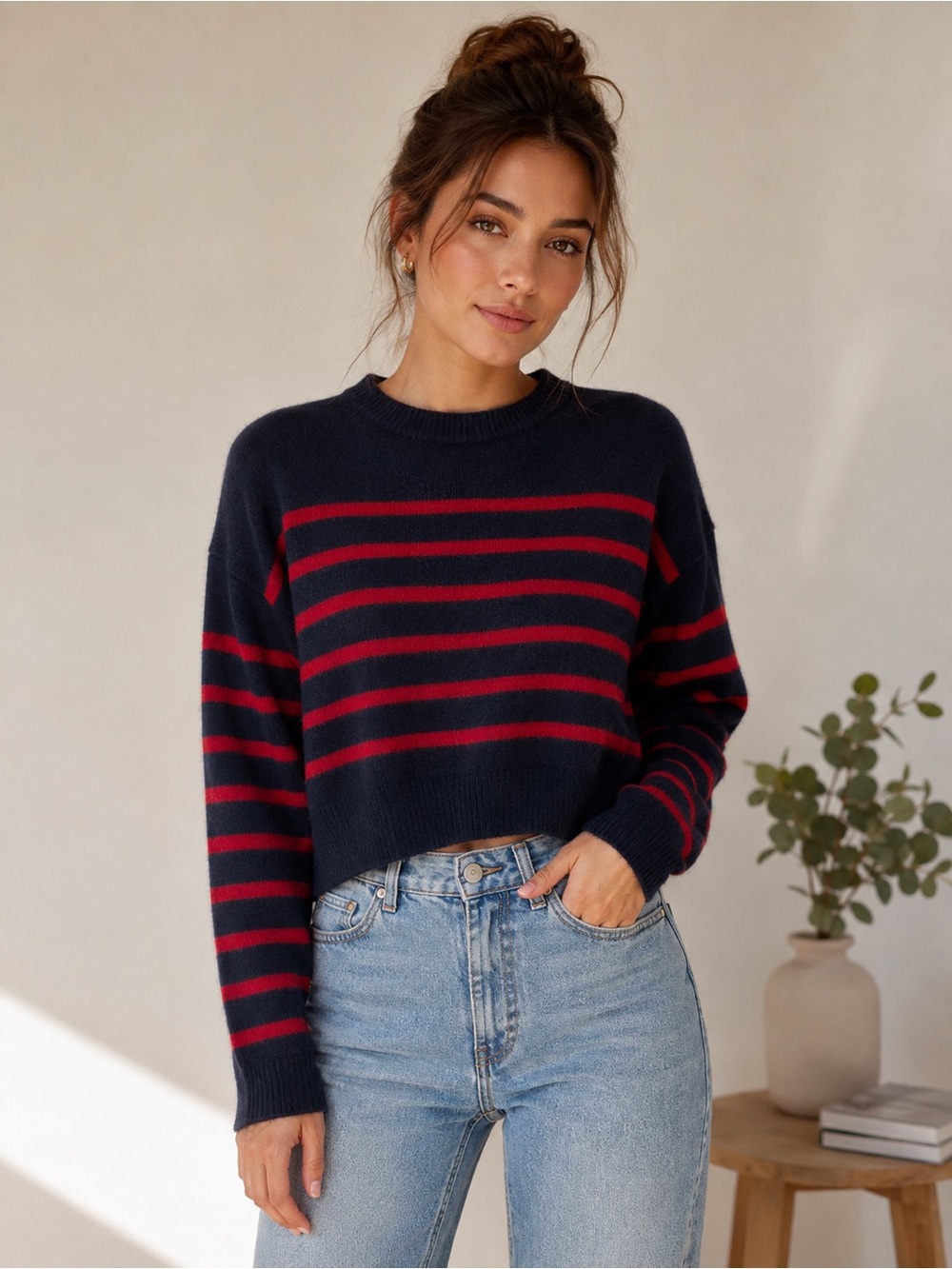 Striped Navy and Red Crewneck Sweater